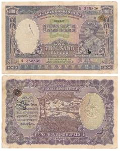 George VI, Rupees 1000, 1938, Bombay, signed by J. B. Taylor, (J&R 4.8.1A). Few stains, bu
