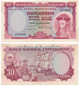 Indo-Portuguese, 30 Escudos, 7th issue, 1959, Banco Nacional Ultramarino, (J&R 12.35.2). U