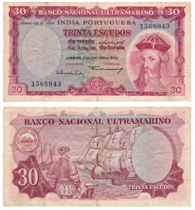Indo-Portuguese, 30 Escudos, 7th issue, 1959, Banco Nacional Ultramarino, (J&R 12.35.3). V