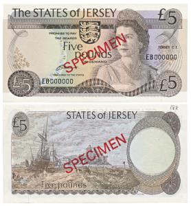 State of Jersey, Pounds 5, Specimen written across the note on obverse & reverse, Uncircul