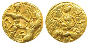 Guptas, Chandragupta II (c. 380-413 AD), Gold Dinar, 7.65g, Lion Slayer (lion trampler) ty