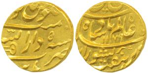Gold Mohur, 11.0g, in the name of Shah Alam II, Dar ul Sarur Burhanpur Mint, Shiva lingam 