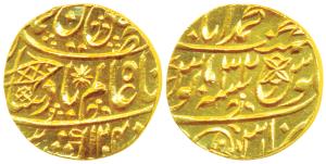 Muhammadabad Banaras Mint, Gold Mohur, 10.8g, in the name of Shah Alam II, fish, sun-burst