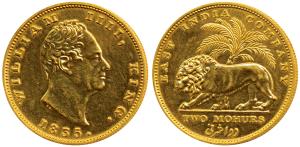 William IV, Gold Proof Restrike 2 Mohurs, 1835, Calcutta Mint, R. S. initials incused on t