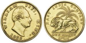 William IV, Gold Mohur, 1835, Bombay Mint, no initial on truncation, lion and palm tree on