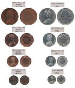 Victoria Queen, set of 8 Restrike Proof Set, 1877, Silver Rupee, ½, ¼ and 2 Annas and Copp
