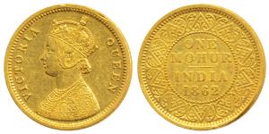 Victoria Queen, Gold Mohur, 1862, single flower in bottom panel of jabot, without V in Jab