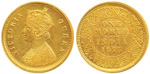 Victoria Queen, Gold Mohur, 1875, two flower type, V in Jabbot (Prid 13). Extremely Fine, 
