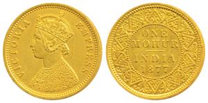 Victoria Empress, Gold Mohur, 1877, V in Jabot (Prid 14). About Extremely Fine, Very Rare 