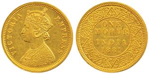 Victoria Queen, Gold Mohur, 1881, V in Jabot (Prid 18). Extremely Fine, Rare.