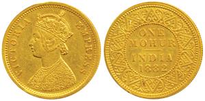 Victoria Empress, Gold Mohur, 1882, V in Jabot, C privy mark on the Reverse: (Prid 19). Ab