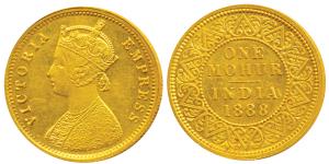 Victoria Empress, Gold Mohur, 1888, V in Jabbot (Prid 22). About Uncirculated, Rare.