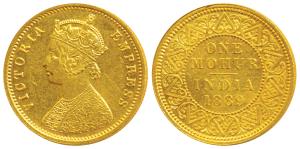 Victoria Empress, Gold Mohur, 1889, V in Jabbot (Prid 23). About Uncirculated, Rare.