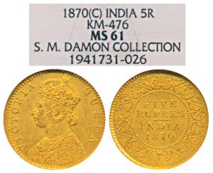 Victoria Queen, Gold Rupees 5, 1870 (Prid 36). Original strike, Graded by NGC MS61, Very R