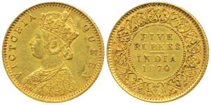 Victoria Queen, Gold Rupees 5, 1870 (Prid 36). Original strike, Very Fine+, Very Rare.