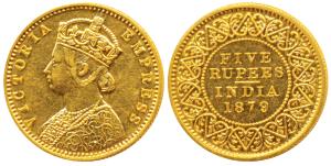 Victoria Empress, Gold Rupees 5, 1879, Mature Bust, Bombay Mint, (Prid 45). Proof Restrike