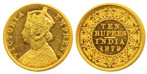 Victoria Empress, Gold Rupees 10, 1879, Mature Bust, Bombay Mint (Prid 35). Proof Restrike