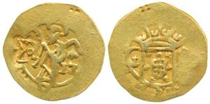 Goa, Joao V (1706-1750 AD), Sao Tome Gold 5 Xerafins, 2.84g, Obverse: crowned arms divide 