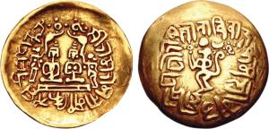 Deccan, (19th century), Gold Scyphate Ramatanka, 7.46g, Obverse: Ram and Sita enthroned fa