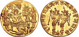 Mid-19th century, Gold Ramatanka, 11.63g, Obverse: Durbar scene, Ram and Sita with Hanuman