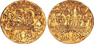Late 19th century, Gold Ramatanka, 10.95g, Obverse: Durbar scene, Ram and Sita seated unde