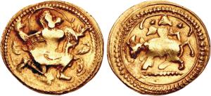 18th to 19th century, Gold Token, 3.07g, Obverse: Hanuman advancing right, Reverse: Nandi 