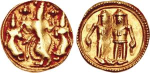 18th to 19th century, Gold Token, 3.24g, Obverse: Vishnu standing facing, flanked by godde