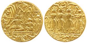 Early 20th century, Gold Ramatanka, 11g, Obverse: Durbar scene, Ram and Sita sitting facin