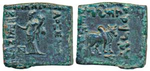 Indo-Greeks, Philoxenos (c. 100-95 BC), Copper Square Unit, 7.83 g, obv. City-Goddess stan