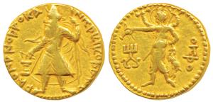 Kushanas, Kanishka I (c. 127/8-152 AD), Gold Dinar, 7.98g, obv. caped and crowned king sta