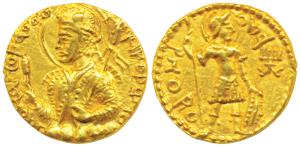 Kushanas, Huvishka (c. 152-190 AD), Gold Dinar, 7.93g, obv. nimbate, diademed and crowned 