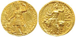 Kushanas, Vasudeva, Gold Dinar, 8.08g, obv. king nimbate standing left, holding a trident 