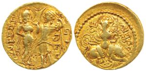 Guptas, Samudragupta, Gold Dinar, 7.53g, ’King and Queen’ type, issued in memory of his pa