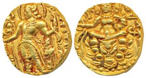 Guptas, Chandragupta II, Gold Dinar, 8.26g, Archer type, obv. king nimbate, standing left,