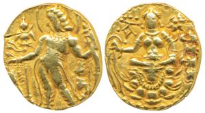 Guptas, Chandragupta II, Gold Dinar, 8.21g, Archer type, obv. king nimbate, standing left 