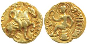 Guptas, Kumaragupta I (AD 414-455), Gold Dinar, 8.15g, Horseman type, obv. king riding a h