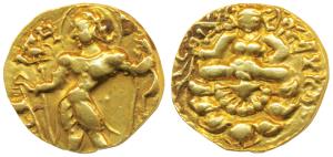 Guptas, Kumaragupta I, Gold Dinar, 8.22g, ’Archer’ type, obv. king nimbate standing left h