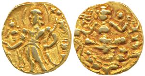Guptas, Kumaragupta I, Gold Dinar, 7.60g, ’Archer’ type, obv. king nimbate, standing left 