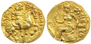 Guptas, Kumaragupta I, Gold Dinar, 8.24g, ’Horseman’ type, obv. king nimbate, riding a hor