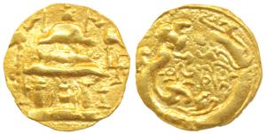 Western Chalukyas or Feudatories (c. 1000 –AD), Gold Gadyana, 2.22g, obv. Shaivite temple 