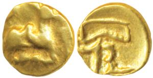 Eastern Gangas of Orissa, Gold Ganga Fanam, 0.41g, Uncertain ruler reading ’Sri Rama’, obv
