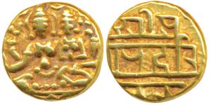 Vijaynagar Empire, Hari Hara II, Gold ½ Pagoda, 1.66g, obv. Shiva-Parvati seated, Shiva ho
