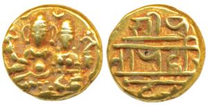 Vijaynagar Empire, Hari Hara II, Gold ½ Pagoda, 1.71g, obv. Shiva-Parvati seated, Shiva ho