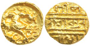 Vijayanagar Empire, Achyuta Deva Raya, Gold ½ Pagoda, 1.66g, obv. Gandabherunda (2-headed 