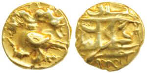 Vijayanagar Empire, Achyuta Deva Raya, Gold ½ Pagoda, 1.63g, Gandabherunda (2-headed mythi