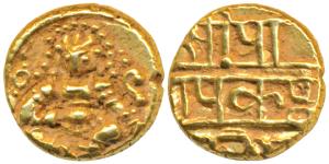 Nayakas of Chitradurga, Gold Durgi Pagoda or Hon, 3.40g, obv. Krishna as Bal Gopala, Nagar
