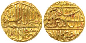 Akbar, Gold Mohur, 10.81g, Dar us-Sultanate Lahore Mint, AH 980, Kalima on obv., small fla