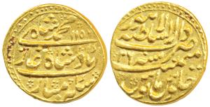 Muhammad Shah, Gold Mohur, 10.88g, Dar us-Sultanate Lahore Mint, AH 1156/26, complete mint