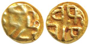Gold Fanam, 0.35g, illegible legend on both sides, with characters ’Va’ and ’Fa’ on rev. A