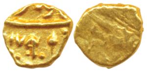 Gold ½ Fanam, 0.18g, mint name off flan, in the name of Shah Ali Gauhar (Shah Alam II), AH